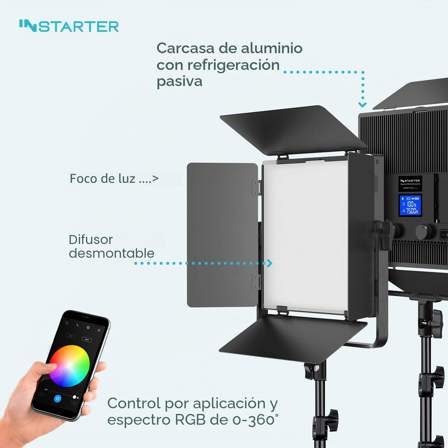 luz LED RGB de vídeo con trípode - Espectro RGB 360°, Bi-Color de 3200-7500K, 60W de Potencia Regulable, Ideal para Foto y Streaming, luz para vlogging con Efectos, Uso Interior y Exterior