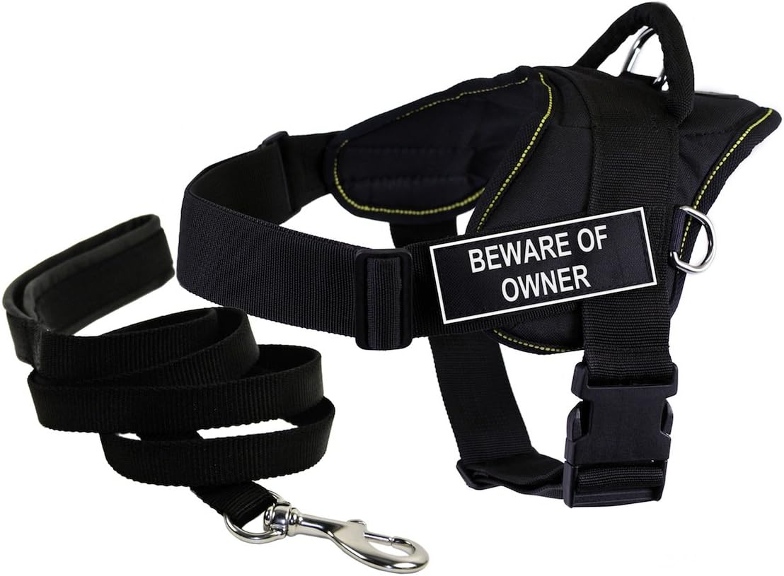 Dean & Tyler Bundle DT Fun 32 to 42-Inch "Beware of Owner" Yellow Trim Large with Padded Puppy Leash and 6-Feet Stainless Snap Black