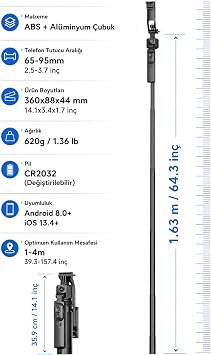AI Yüz Takipli Selfie Çubuğu Tripod, 360° Otomatik Takip Gimbal, Quadrapod (4 Ayaklı) Taban, Uzaktan Kumandalı, Teleskopik Ayarlanabilir Boy, Telefon Tutuculu Vlog Standı