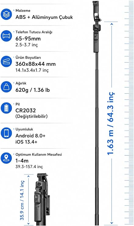 AI Yüz Takipli Selfie Çubuğu Tripod, 360° Otomatik Takip Gimbal, Quadrapod (4 Ayaklı) Taban, Uzaktan Kumandalı, Teleskopik Ayarlanabilir Boy, Telefon Tutuculu Vlog Standı