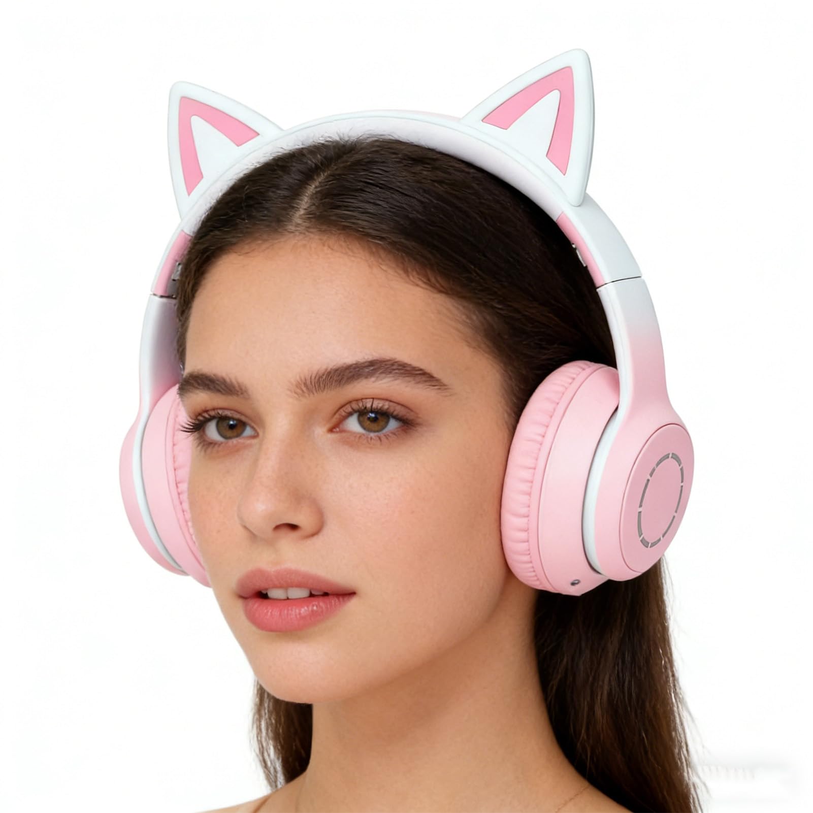 Kabelloses Gaming-Headset, niedliche Katzenohren, Bluetooth 5.3, LED-Beleuchtung, abnehmbares Mikrofon, 40-mm-Treiber, 3,5-mm-AUX-Kabel, faltbar, Bequeme Ohrpolster (PINK)