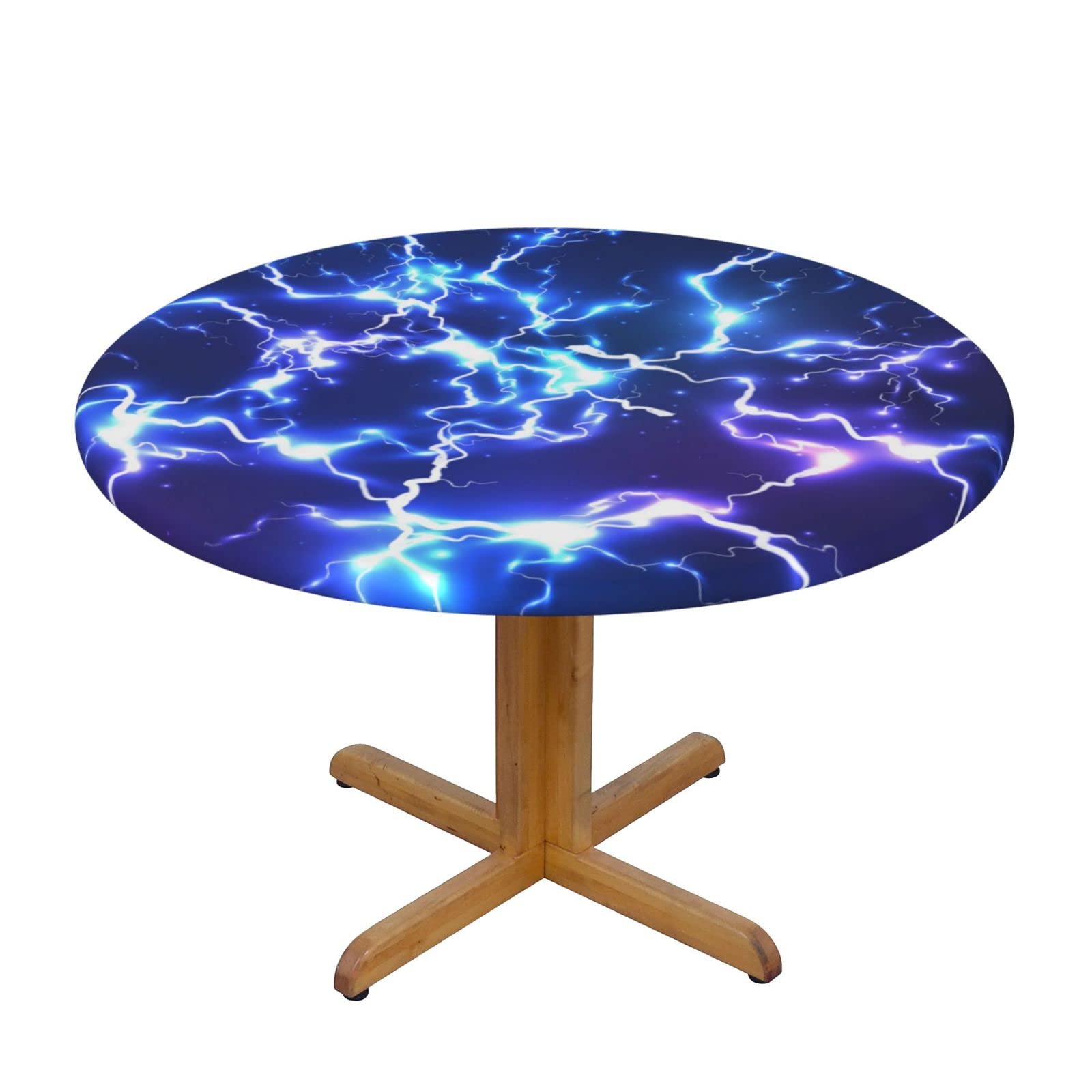 Lsjuee Round Fitted Tablecloth 40-44in Elastic Edged Table Cloth for Kitchen Dining Party Home Decor - Abstract Electric Lightning Neon Blue