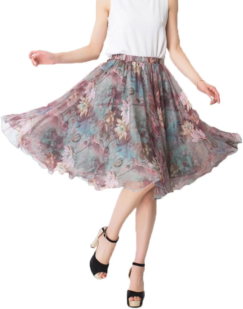 MINGXIN Women's Floral Elastic Waist Printed Chiffon Pleated Skater Knee-Length Skirt Multi5