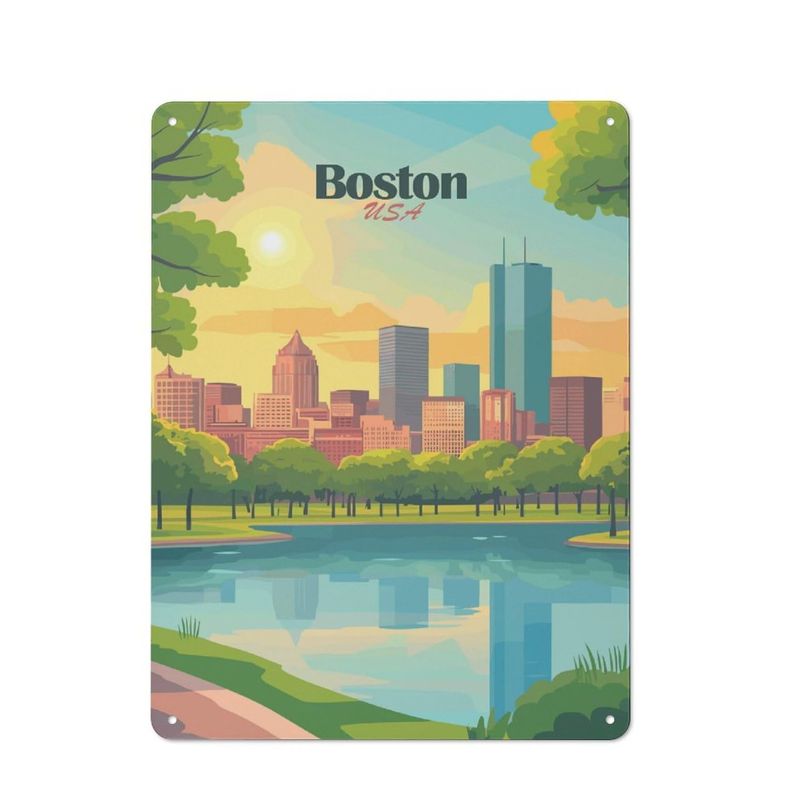 Garage Style Decorative Metal Plaque 40x30cm Featuring Boston USA Cityscape Illustration(2), Garage Wall Decor for Garage, Workshop, Shed Or Utility Room