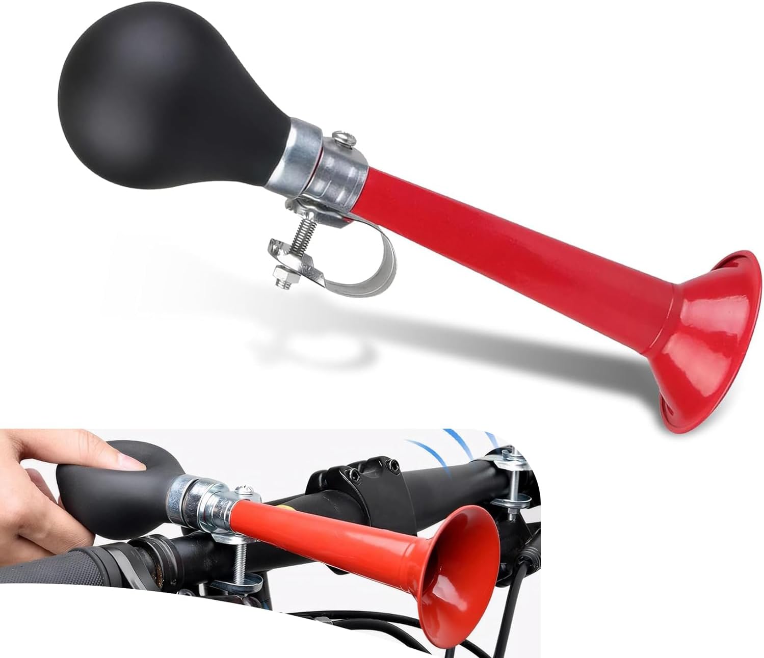 Bike Horn, 7.8" Air Horn with Loud Decibel Sound, Classic Squeeze Handlebar Reminder Bell for Adults Kids, Universal Safety Warning Device for Most Mountain Bike Scooter Ebike (Red)