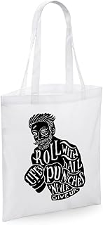 bubbleshirt Shopping Bag Boxe - pugliato - Roll with Lifes all Punches And Never Give up - Combattimento - Idea Regalo - in Cotone Lunghezza del Manico: 40 cm.