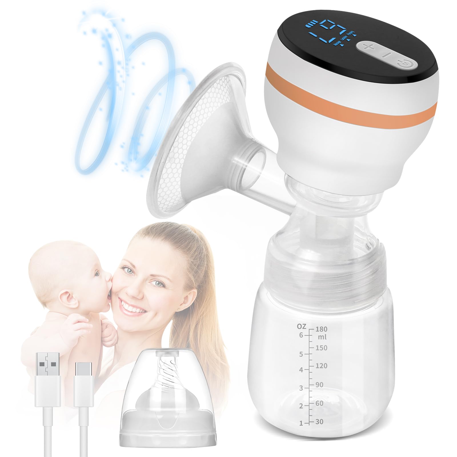 Tire-Lait Portable, Tire Lait Electrique, 4 Modes Et 9 Niveaux Sans Douleur, Tire Lait Sans Fil avec Écran LCD, USB Rechargeables, Grande Capacité de 180 Ml, Matériau Silicone