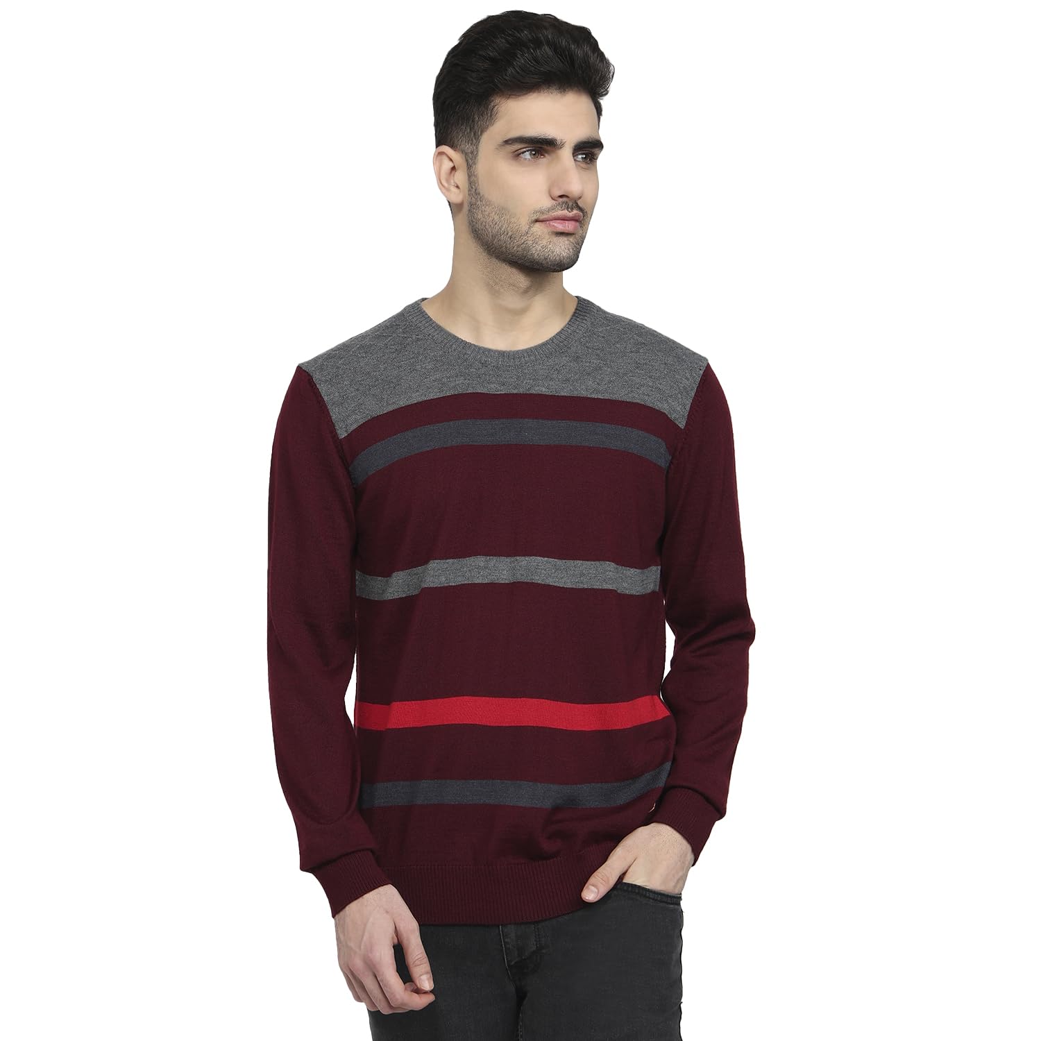 raymond Men Regular Fit Stripe Pattern Acrylic Wool Blend Full Sleeve Round Neck Casual Sweater-picture-48