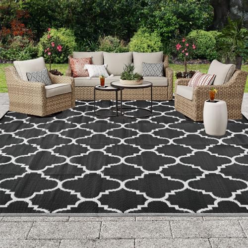 OIGAE Tappeto da Esterno Grande Reversibile 180 x 270 cm, in Plastica PP, Resistente alla Pioggia e ai Raggi UV, Antiscivolo, Pieghevole e Lavabile, per Terrazzo Giardino Camping Spiaggia, Nero