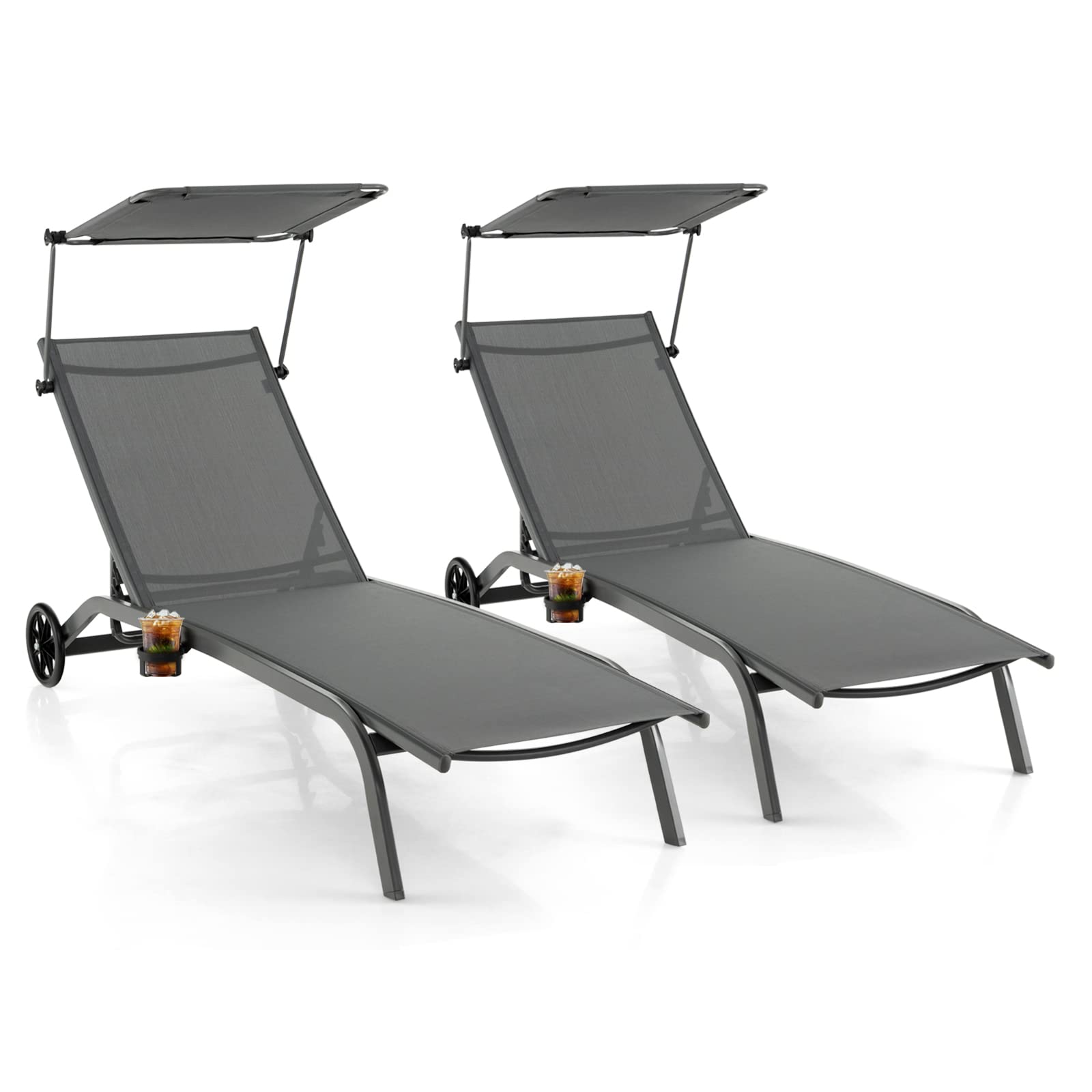 GIANTEX Sonnenliege, Gartenliege mit Rollen & Getränkehalter, Liegestuhl mit 6-Fach Verstellbarer Rückenlehne, belastbar bis 150kg, 191 x 61 cm (mit Sonnendach, Grau)