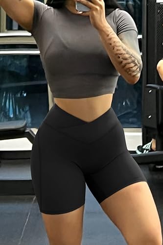 Miniatura 4 de MOOSLOVER - Shorts de entrenamiento con cintura cruzada en V para mujer con levantamiento de glúteos cintura alta