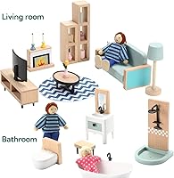 Vista 7 de Giant bean Juego de muebles de casa de muñecas de madera de 36 piezas, 5 habitaciones y 4 muñecas familiares, accesorios de madera y plástico azul