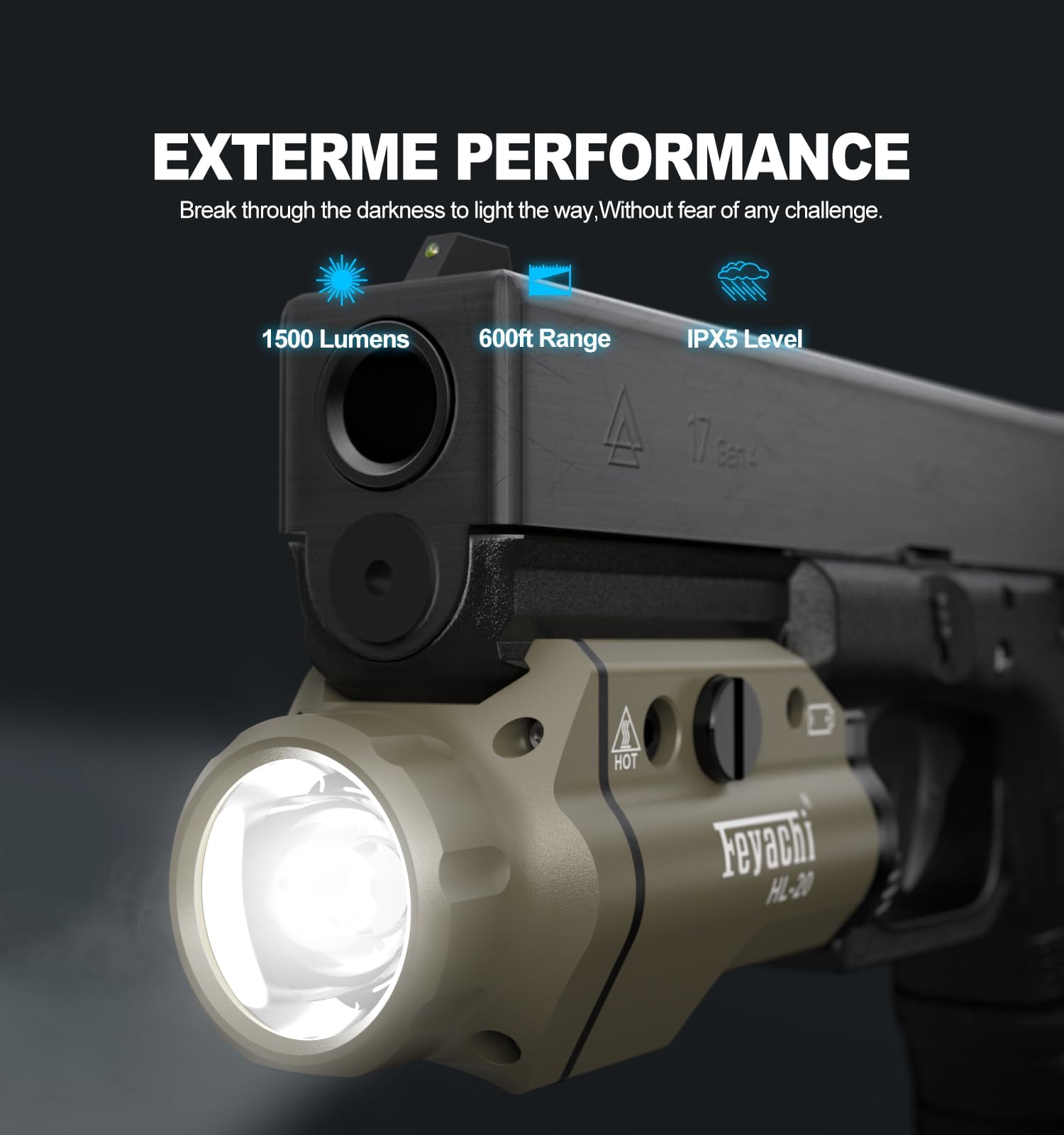 Feyachi HL-20 Lampe torche de 1500 lumens, LED améliorée, lampe de poche tactique pour arme à feu, traîneau de suivi et clé pour Picatinny (Kaki)