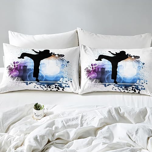 Miniatura 3 de Feelyou Juego de sábanas deportivas de artes marciales para niños, adolescentes, siluetas de acuarela, juego de sábanas de arte abstracto, 1 sábana