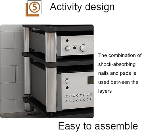 Miniatura 6 de Soporte de medios AV de 3 niveles Gabinete de componentes Estante estéreo de torre de audio Soporte de altavoz de alta fidelidad Racks y soportes de