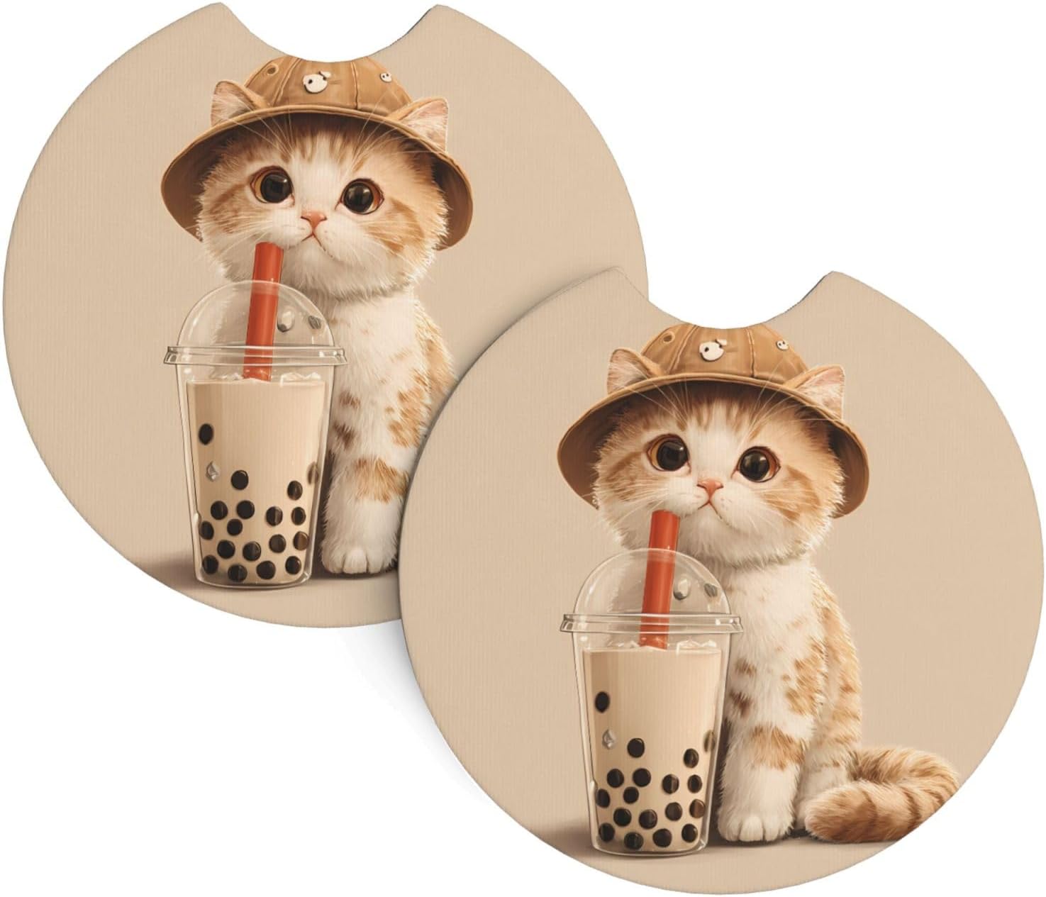 Milk Tea Kitty Picture Car Coasters 2 Pack - Durable Waterproof, Odorless, Easy to Clean - Interior Car Accessories for Women and Menon