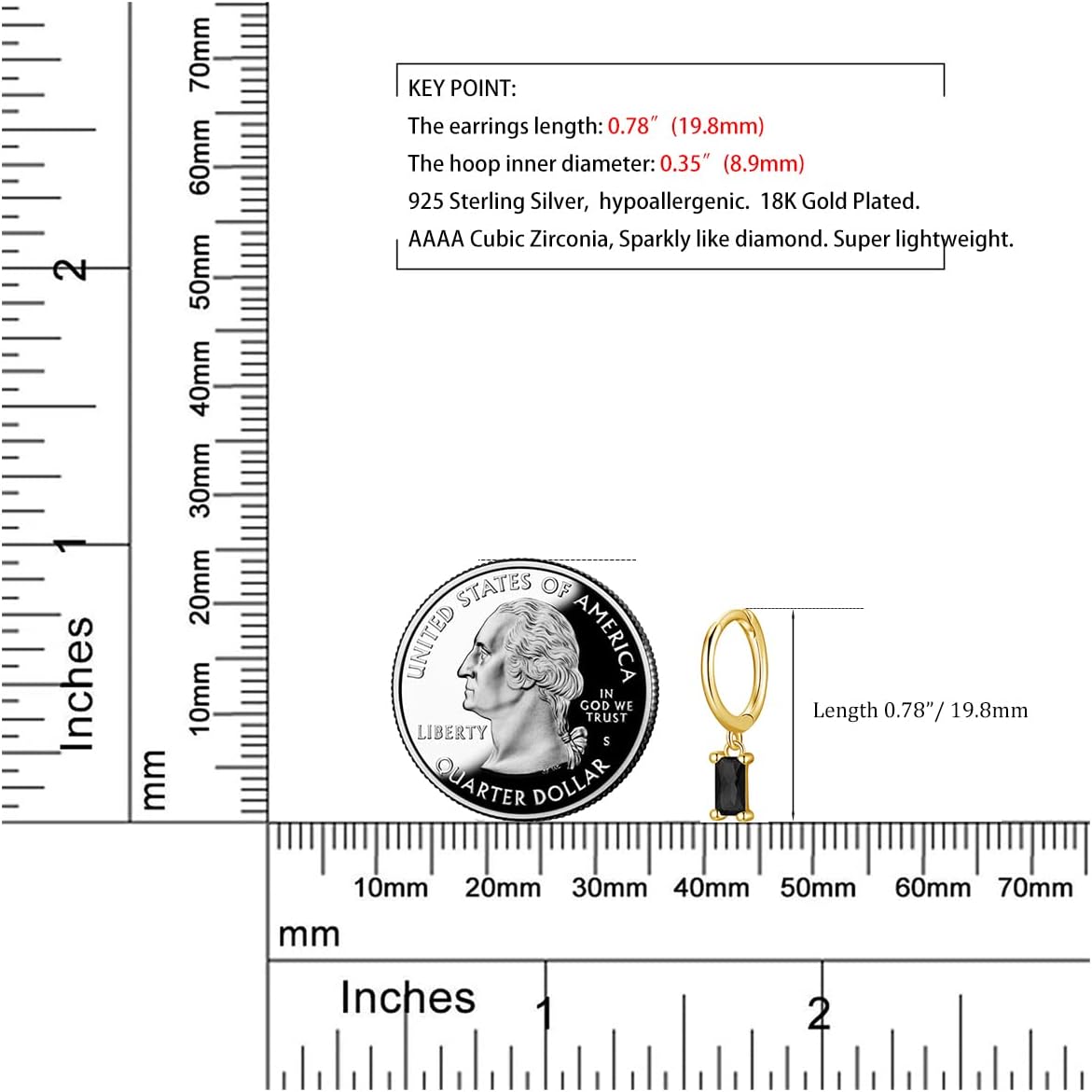 Dainty Dangle Hoop Earrings with Baguette CZ for Women Girls, Sterling Silver Small Huggie Earring with Cubic Zirconia Charm - Image 6