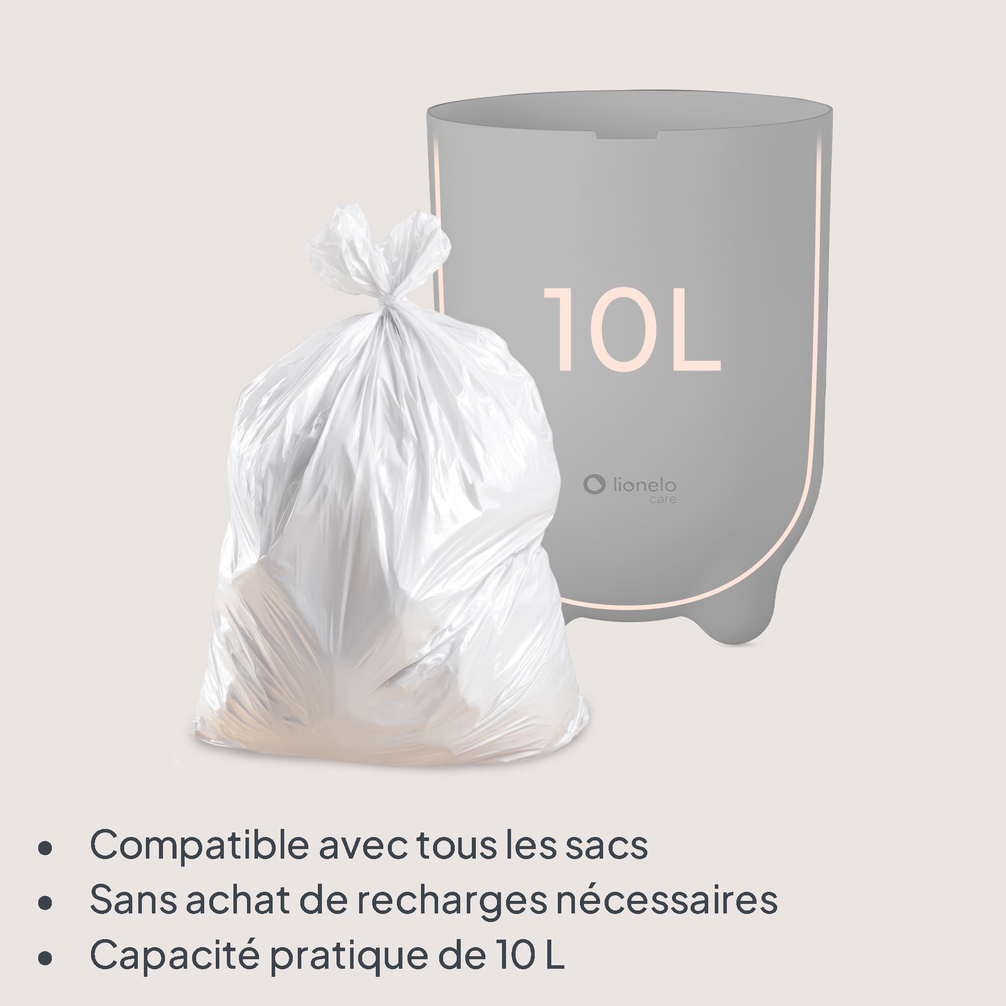 lionelo Purebin – Poubelle à couches anti-odeurs pour sacs universels (sans cassette), ouverture d'une seule main, 10 L – conteneur hygiénique pour la chambre de bébé (Grey)