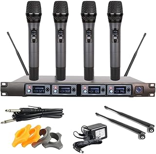 EXMAX® Professional UHF 4 Channel Diversity Wireless Microphone System with 4 Handheld Microphones 4 Mics for Karaoke/KTV/Party/Stage/Wedding/Speech …