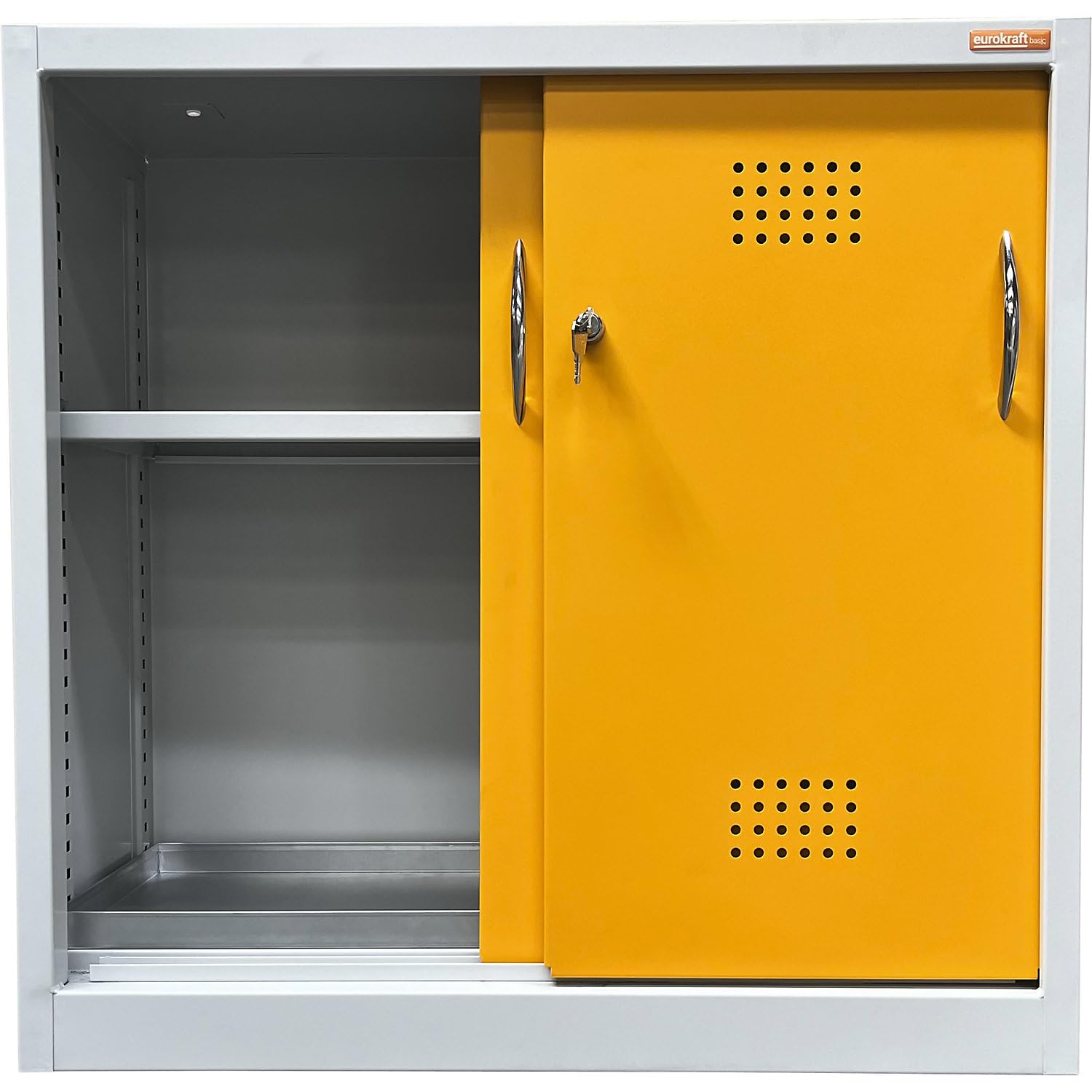 eurokraft | Umweltschrank mit Schiebetüren | Höhe 900 mm | 1 Fachboden | mit 1 Bodenauffangwanne