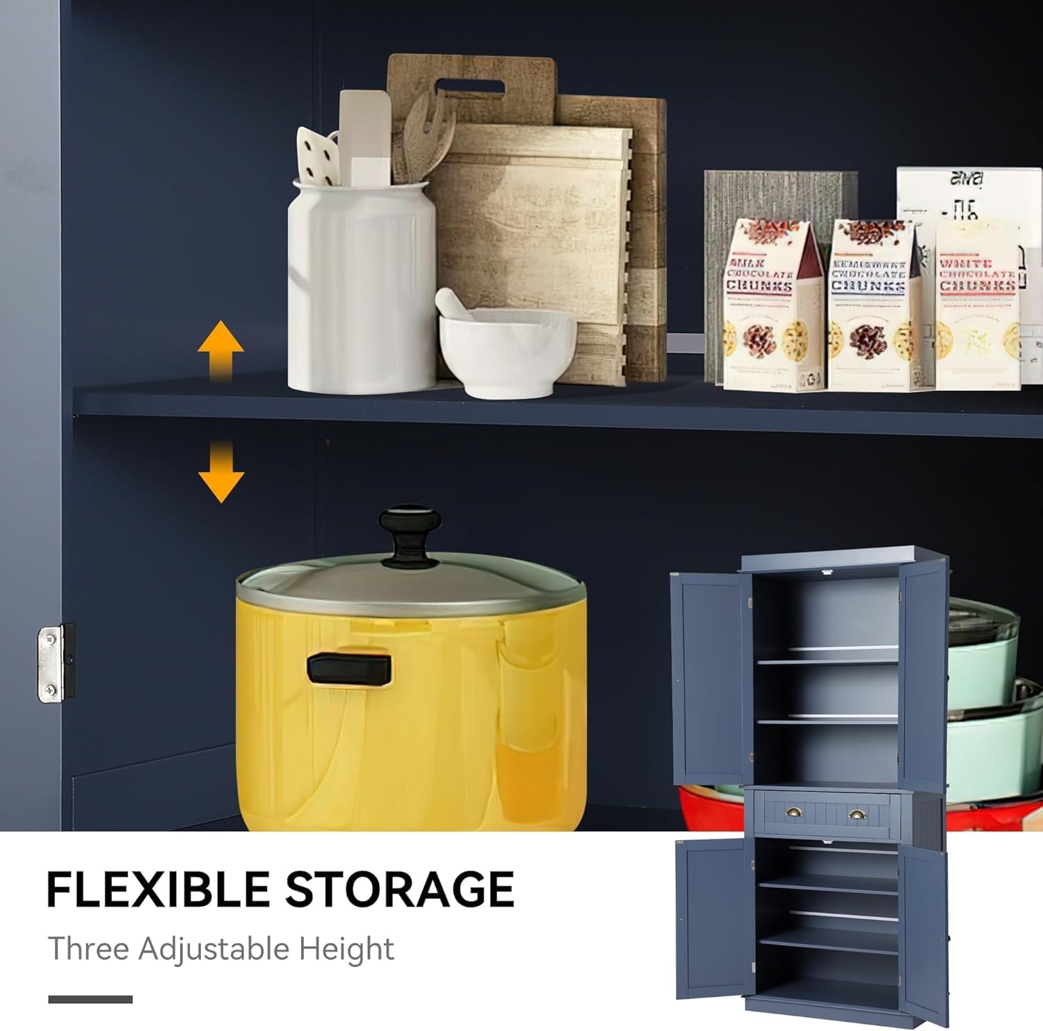 72" Kitchen Pantry Storage Cabinet, Freestanding Cupboard with 2 Cabinets, Drawer and Adjustable Shelves, Tall Storage Cabinet for Kitchen, Dinning Room, Living Room (Dusty Blue)