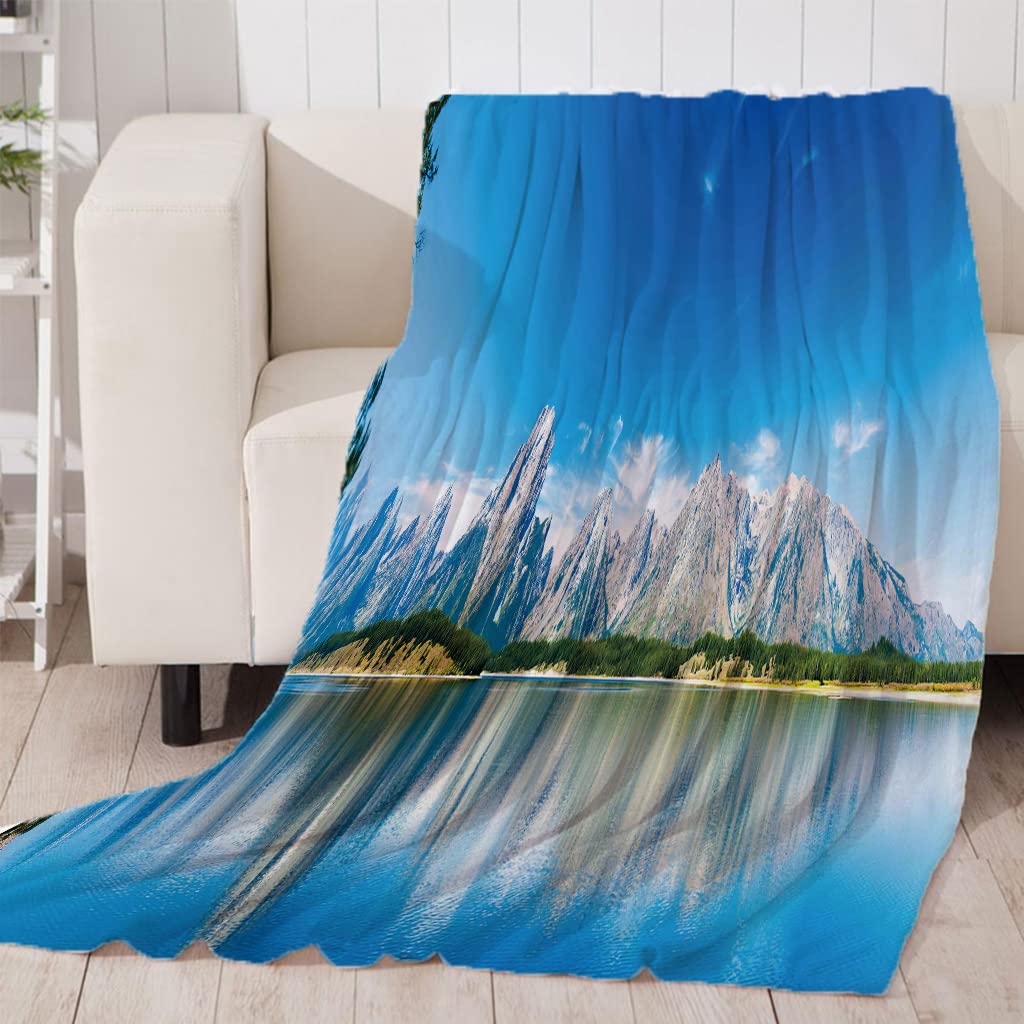 Plaid Polaire Enfant 3D 150x200 Montagnes & Lacs Impression Couvertures Douce Moelleuse Flanelle Couverture De Pause Déjeuner Bureau Couverture pour lit et canapé