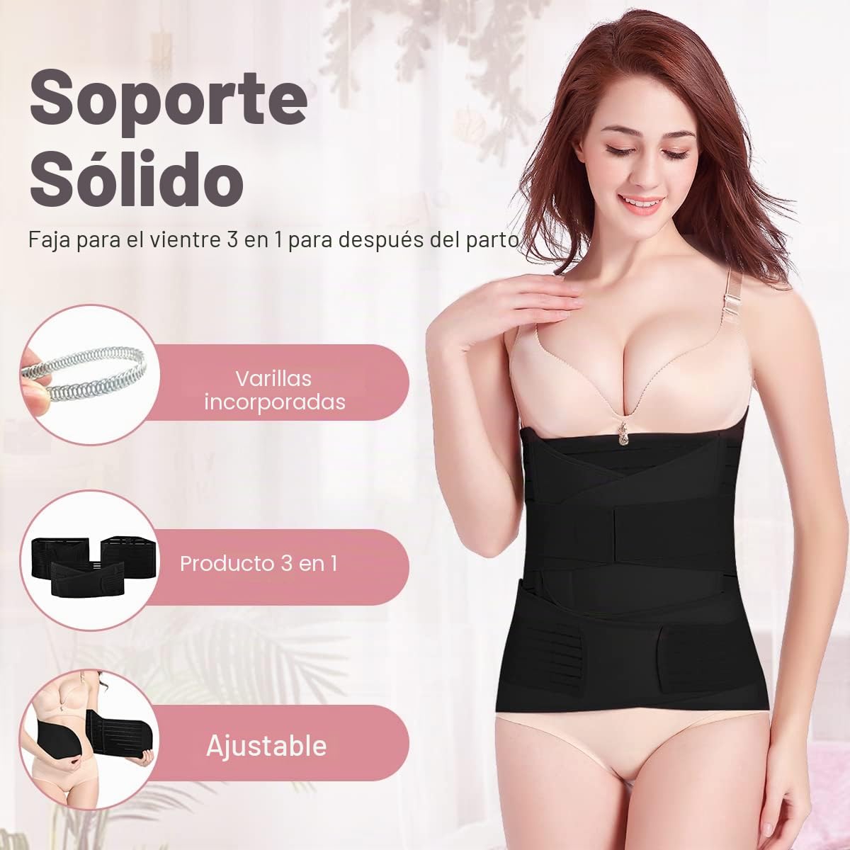 Cinturón abdominal 3 en 1 después del parto, Negro , M-L