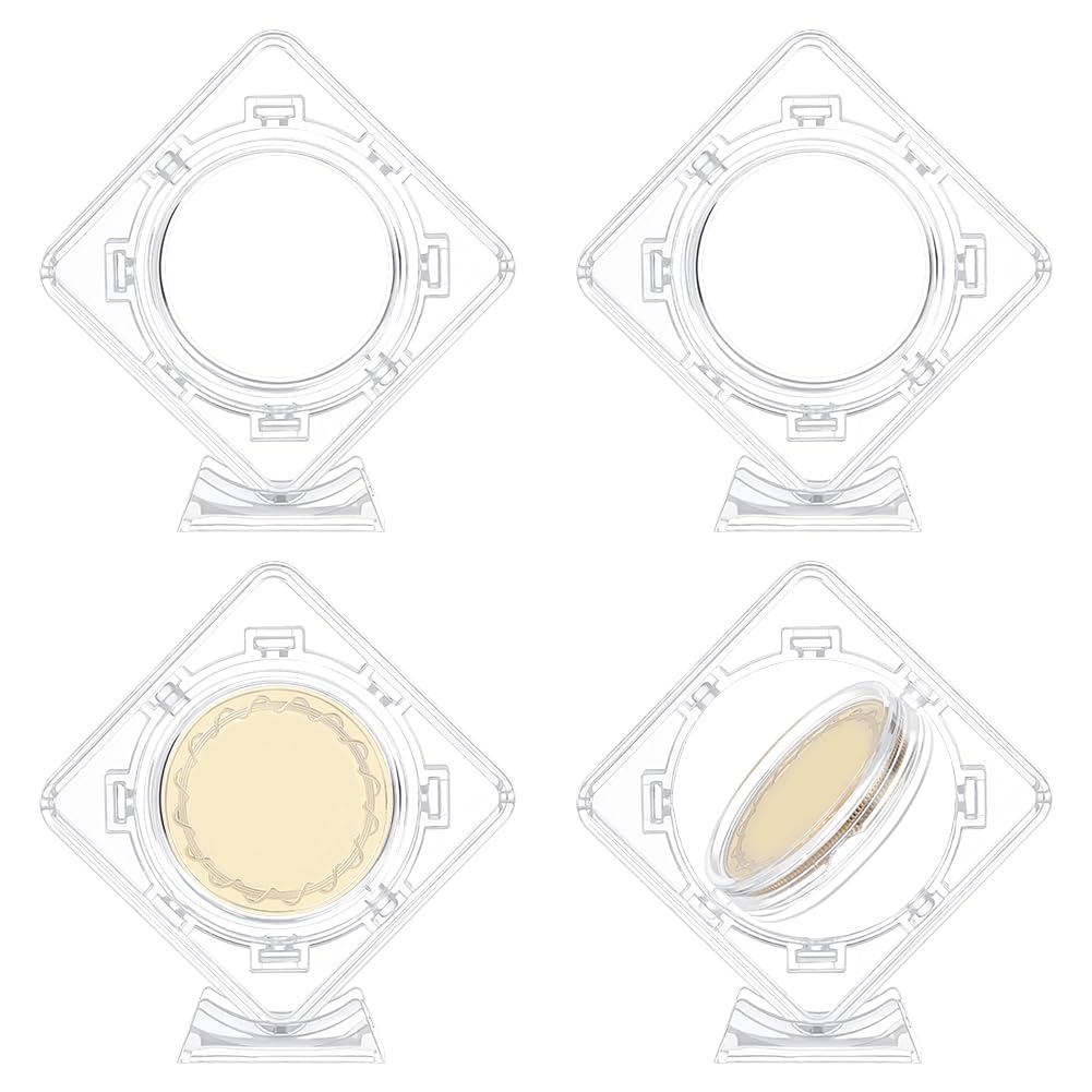 FINGERINSPIRE 4 Pcs Acrylic Coin Display Case - 40mm Inner Diameter, Clear Challenge Coin Display Frame with 3D Floating Capsules, Stand Holder & Protector Sleeves for Commemorative Coins