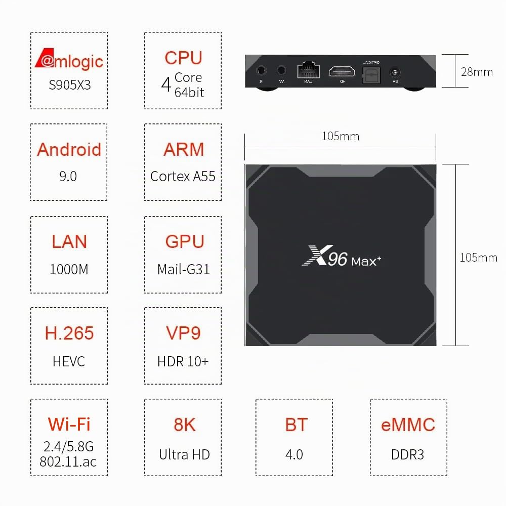 Box TV X96 Max Plu 4 GB di RAM e 32 GB di ROM Box Android TV Box Media Player di alta qualità (Android 10.0) con telecomando e cavo HDMI, lettore multimediale Box TV 4K