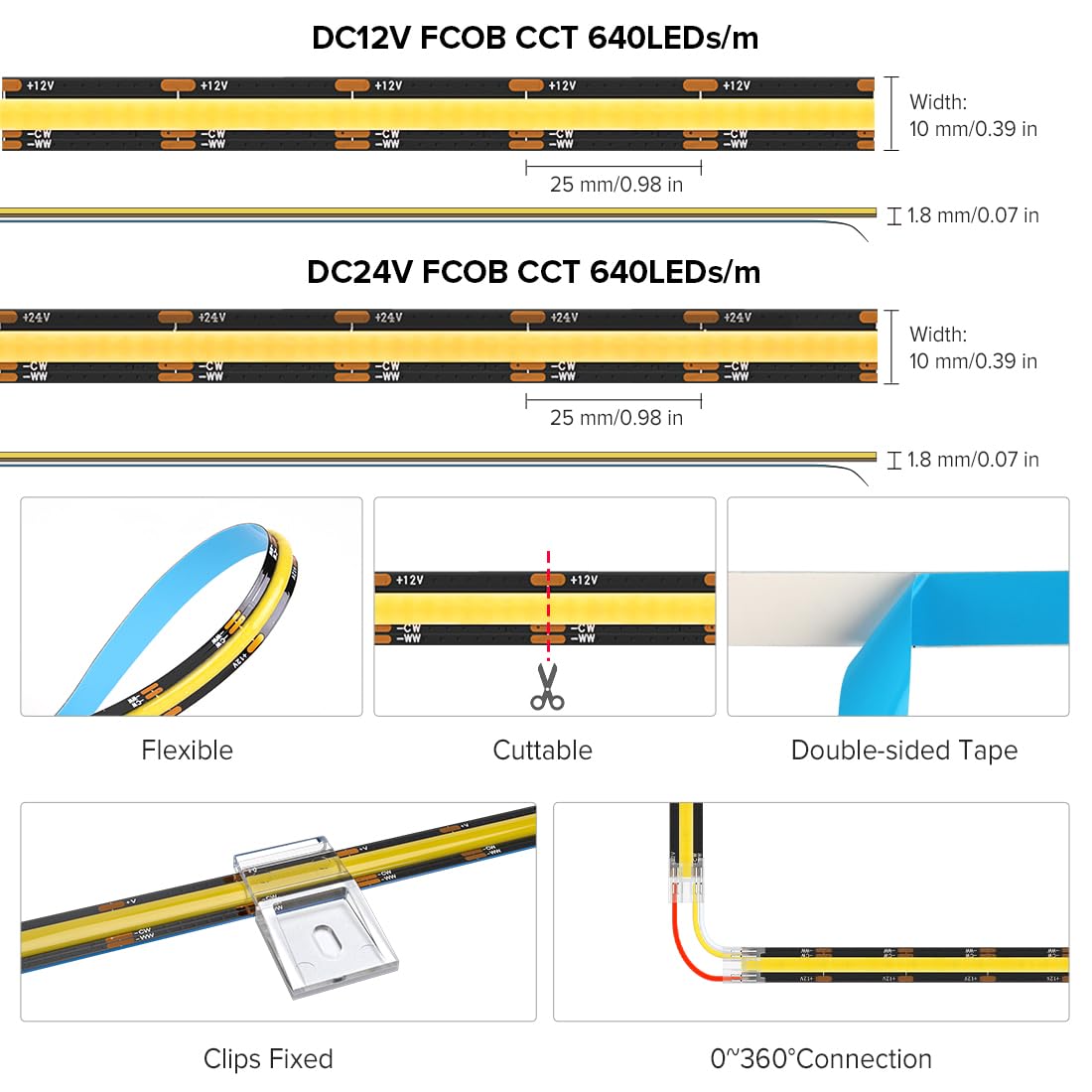BTF-LIGHTING FCOB COB CCT LED-Streifen 3000K-6000K CCT Drehbar DC24V 2x5M 640LEDs/m 10mm Schwarz PCB Flexibles Hoher Dichte LED-Band IP30 Nicht Wasserdicht für Innenraum Dekoration(nur Streifen)