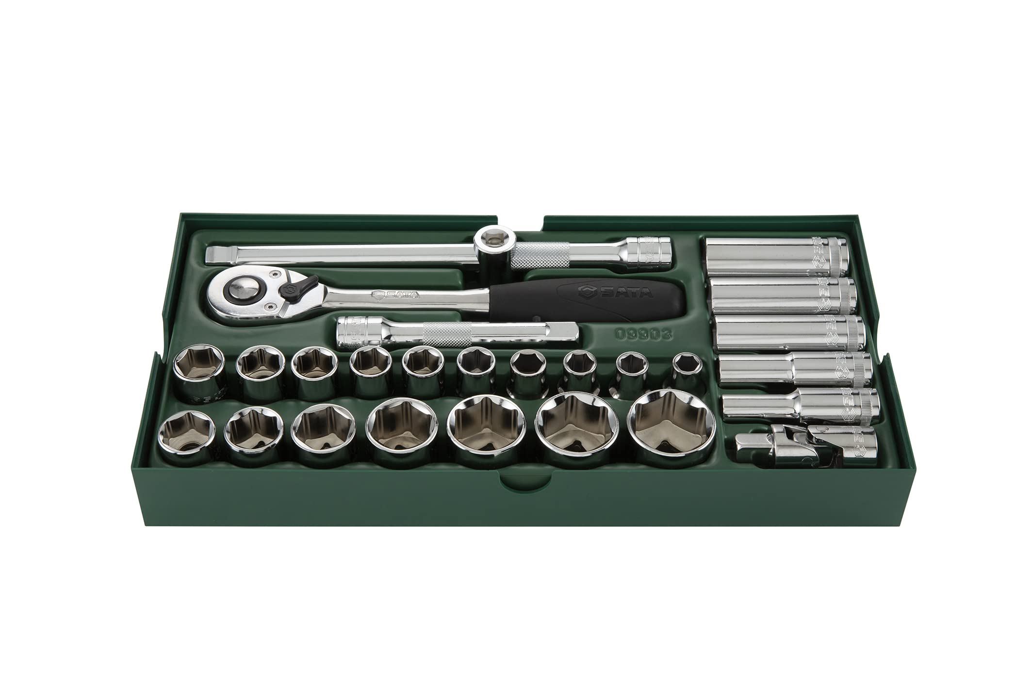 SATA ST09903SJ 27 Pieces 1/2” Drive 6 Point Metric Socket Tray Set, Green, Variety Pack