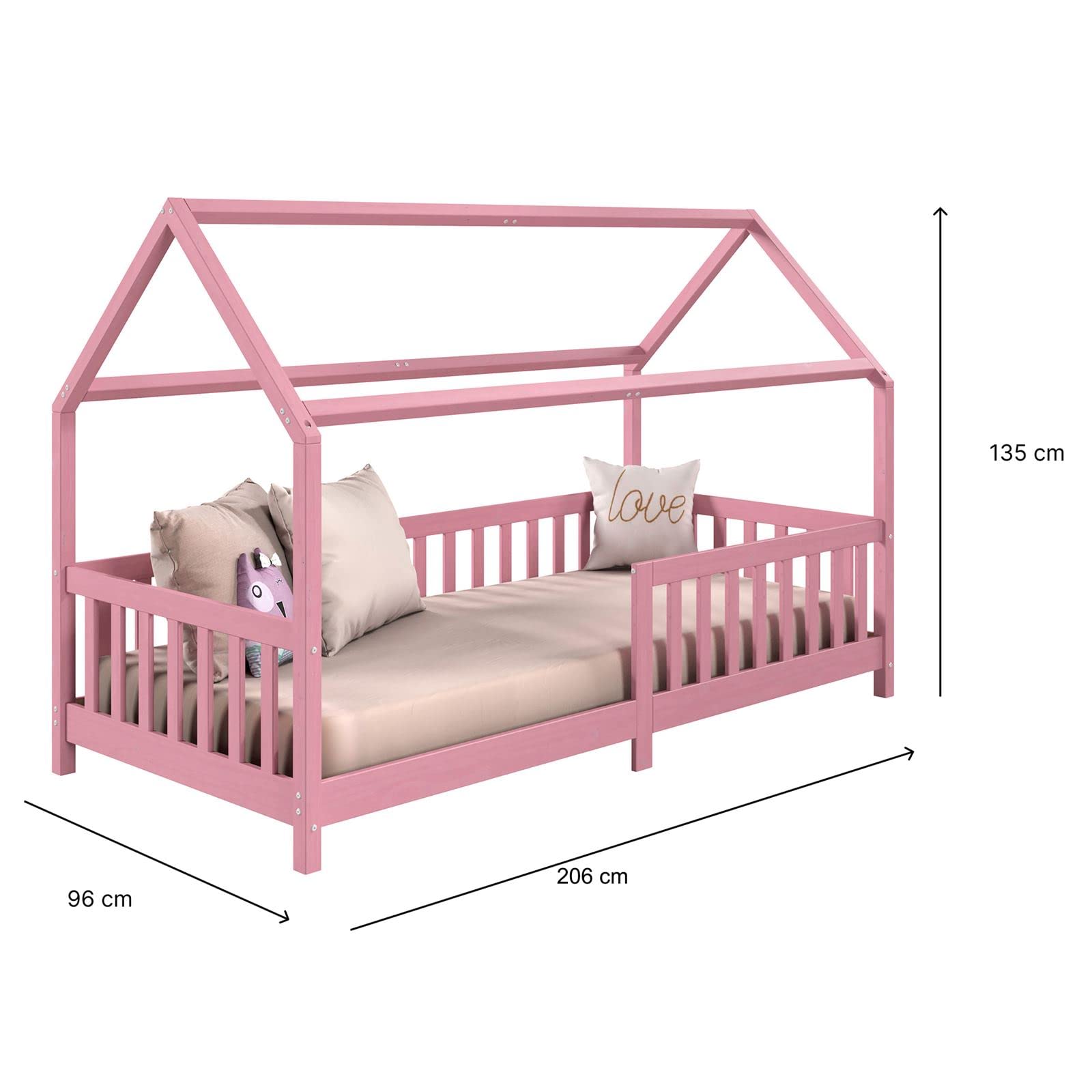 IDIMEX Lit Cabane Nina Enfant Simple Montessori Bois Pin Massif Lasuré Rose 90x200 cm