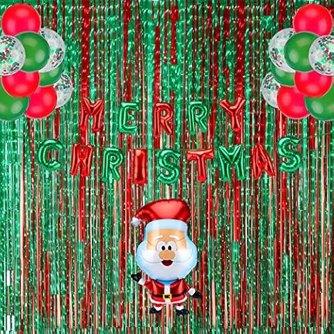 Christmas Party Decorations Kit- Merry Christmas Balloons Banner with Santa Claus Balloon,Green Red Latex Confetti Balloons,Foil Fringe Curtains Tinsel Curtain for Xmas Party Supplies Cover