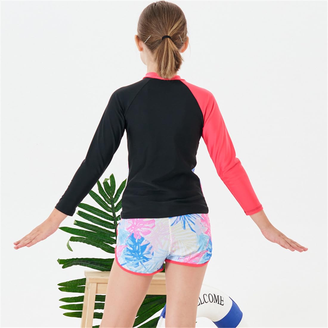 2 Pcs Youth Girls Long Sleeve Swimsuit Rash Guard Shirt+UPF 50 Swim Trunks Sun Protection Hat Bathing Suits Black