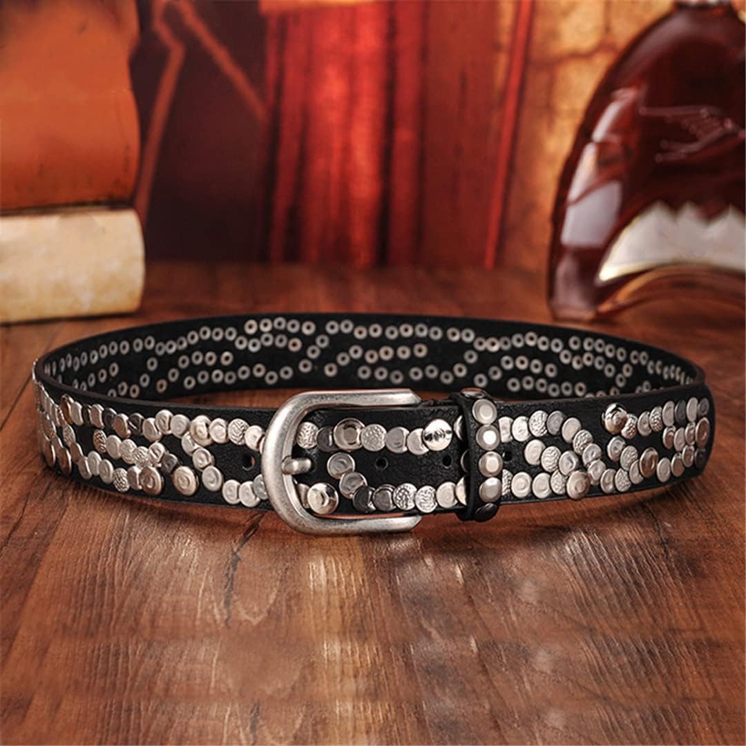 Mkjuuior Punk Rivets Belts for Women Men Cowhide Leather Strap Waist Belt Western Cowboy Metal
