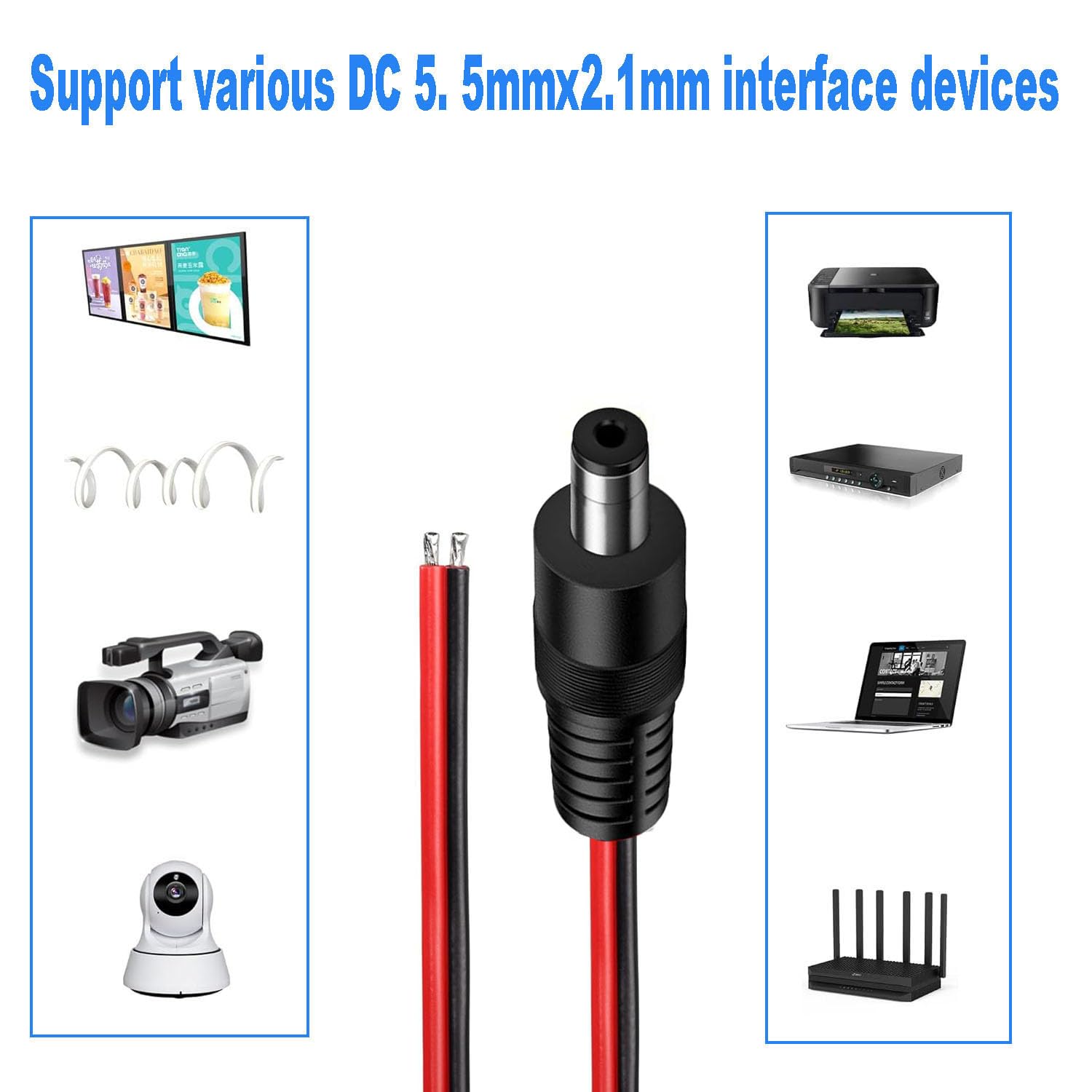 RUNCCI-YUN 2 szt. 14 AWG, 5,5 x 2,1 mm DC Zasilacz Pigtail, złącze zasilania 12 V 10 A DC do monitorowania wideo CCTV Kabel LED Strip Złącze DC (1 m)
