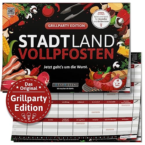 DENKRIESEN - Stadt Land VOLLPFOSTEN® - Grillparty Edition - 'Jetzt geht's um die Wurst.' - DIN A4 Spielblock | ab 9 Jahren | 50 Blatt | Partyspiel | Sommer | Spaß