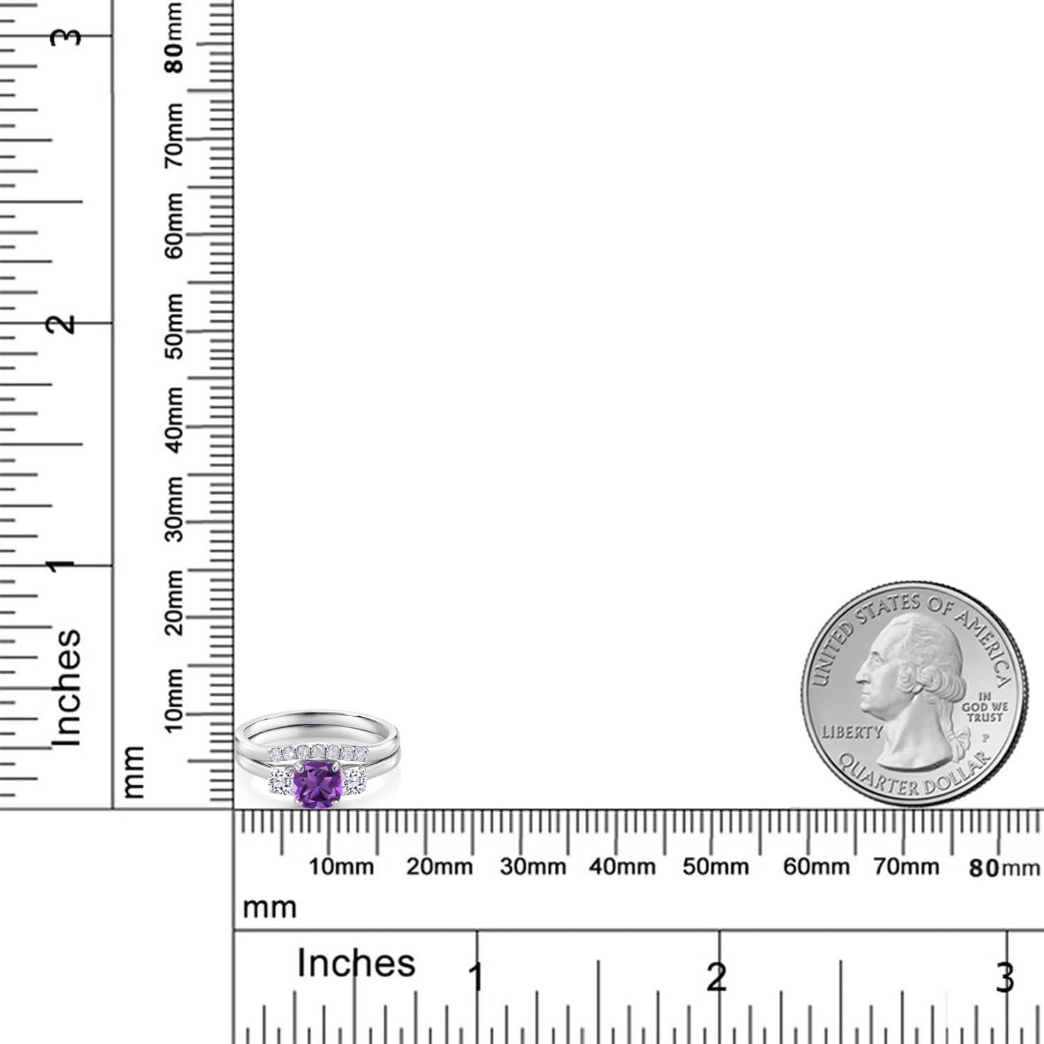 Gem Stone King 10K White Gold Purple Amethyst White Moissanite and Lab Grown Diamond 3 Stone Bridal Engagement Wedding Ring Set For Women (0.88 Cttw, 5MM and 3MM Cushion, Sizes 5, 6, 7, 8, 9)