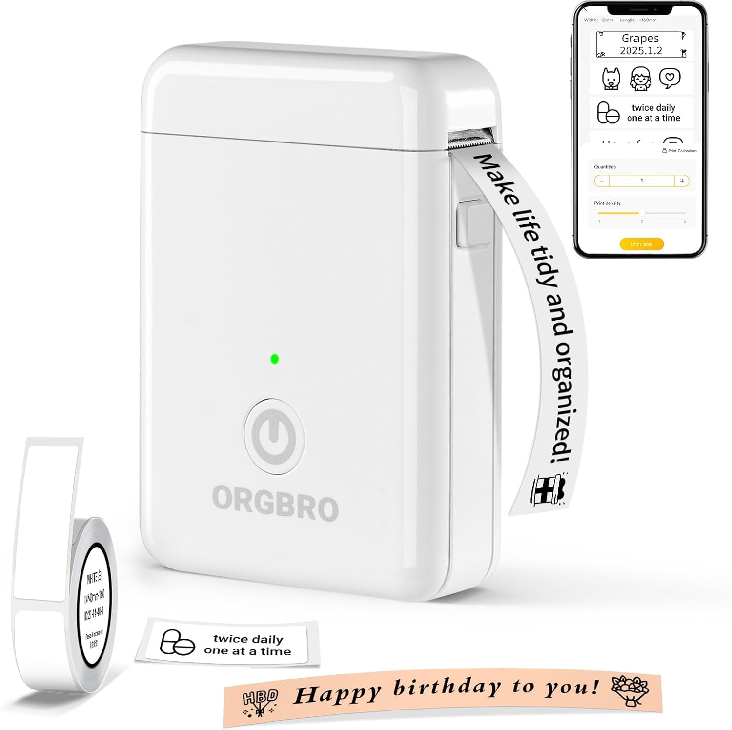 ORGBRO X1 Etichettatrice Termica Portatile Bluetooth - Mini Stampante per Etichette Adesive Senza Inchiostro/Cartucce con 1 Rotolo Incluso, Compatibile con iOS/Android per Casa, Ufficio (Bianco)