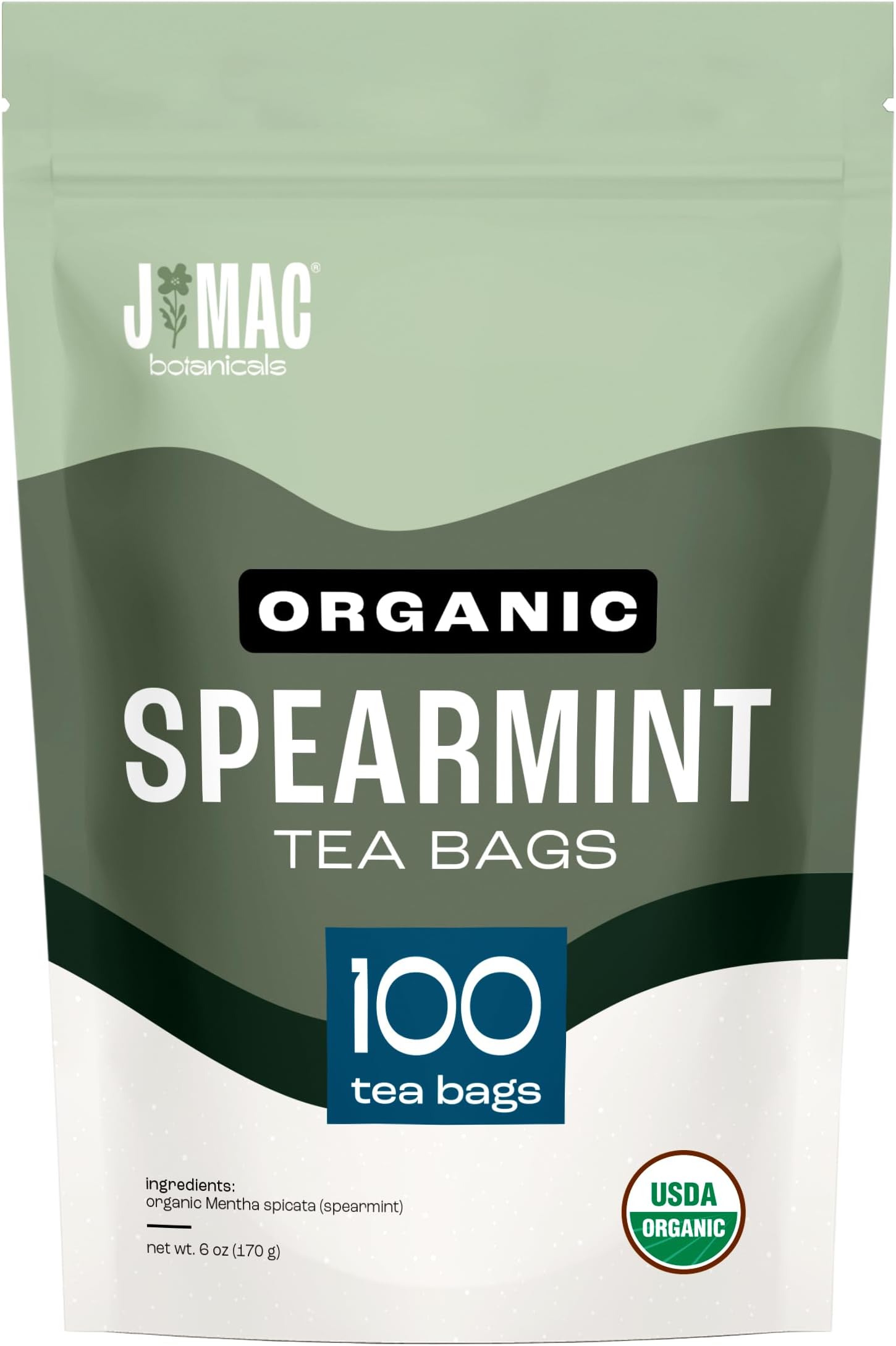 J Mac Botanicals Organic Spearmint Tea Bags (100 Count) - Certified by Organic Certifiers, Inc. - Quality Tea From Nile Valley, Egypt, Packaged in the USA