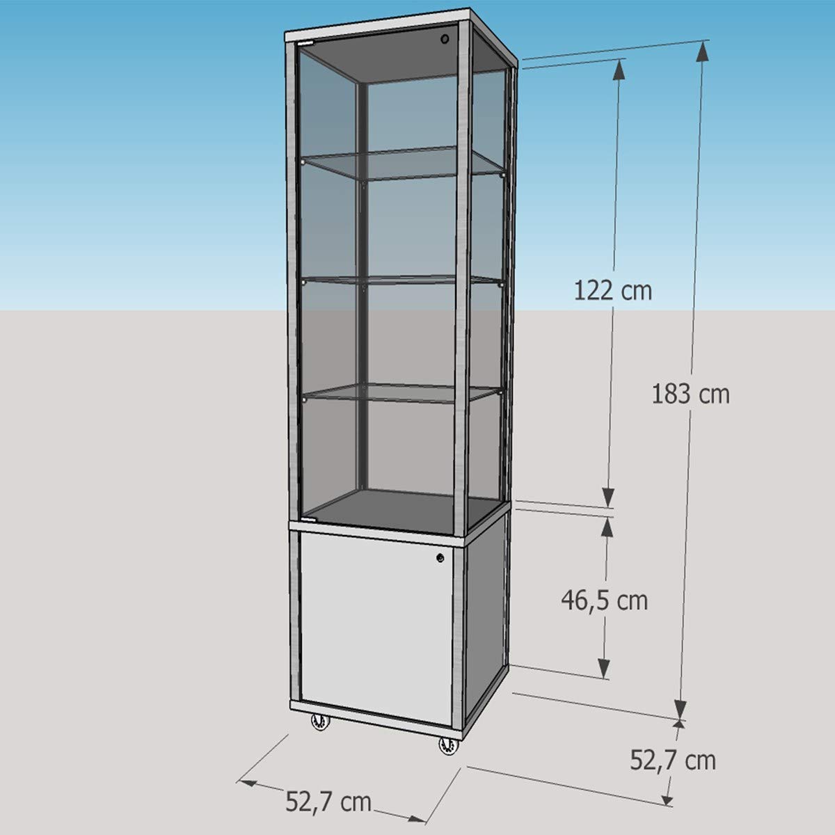Glasvitrine 180 x 50 x 50 cm - abschließbare Vitrine mit Rollen und Holz-Unterschrank (lichtgrau) - 2-türige Hochvitrine für Sammlerstücke, Kunst oder Schmuck