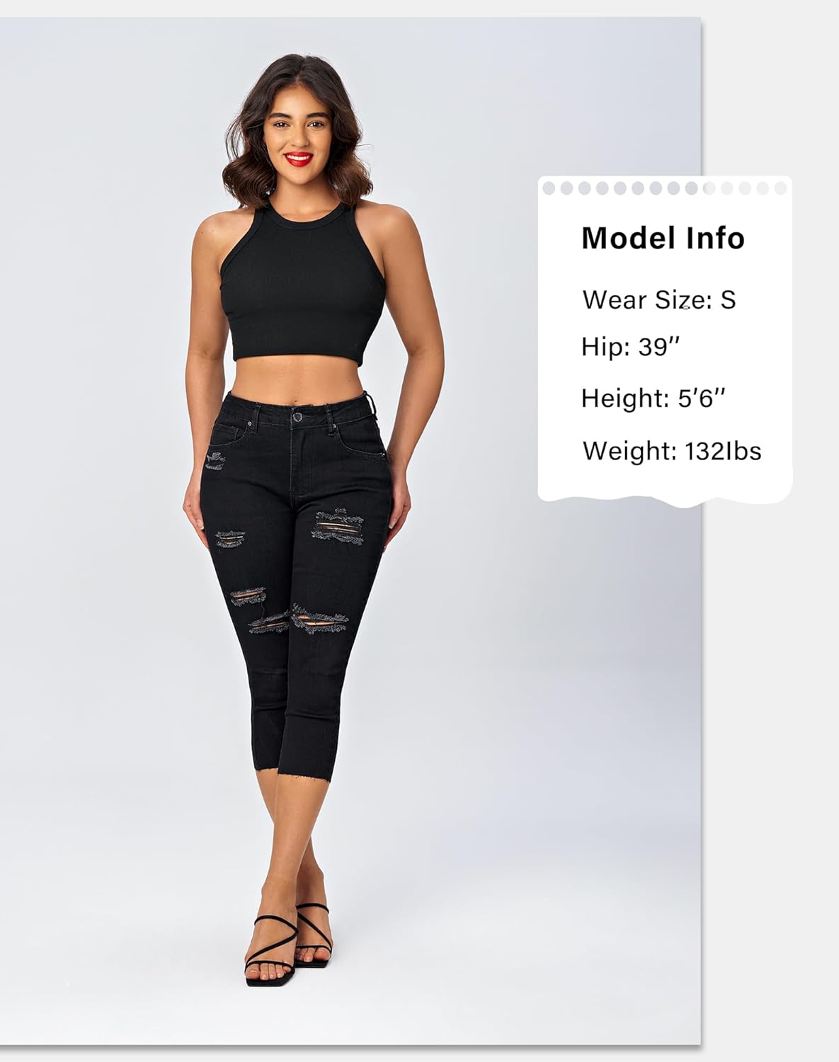 roswear Women's Capri Jeans Ripped Stretch Denim Capris Mid Rise Skinny Cropped Pants - Image 4