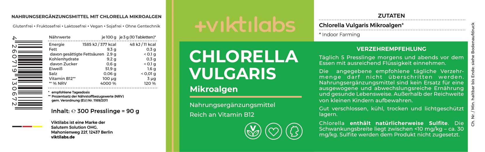 Chlorella Vulgaris - natürliche Mikroalgen - hochdosiert - 300 mg Chlorella pro Pressling - 10 Presslinge pro Tag - 300 vegane - ohne Zusatzstoffe