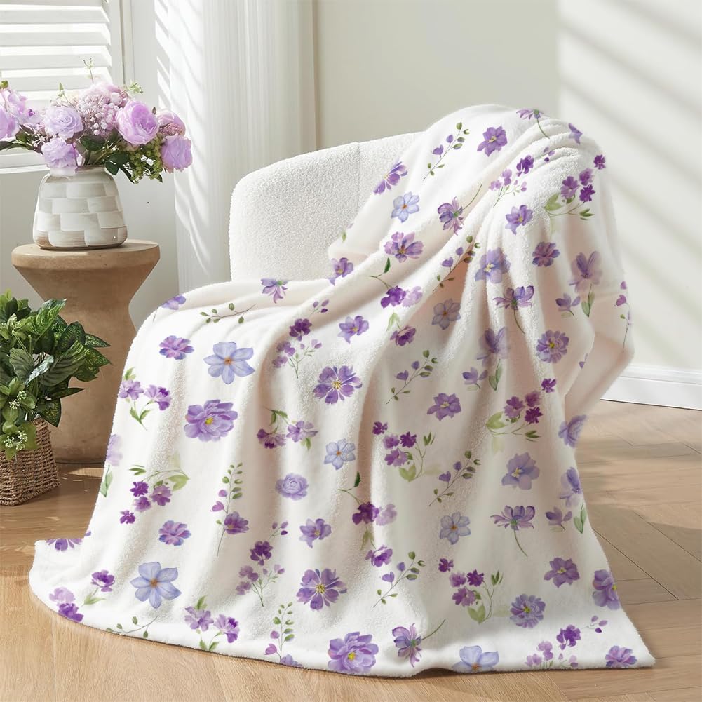 Floral Throw Blanket Purple Flowers Blanket Ultra Soft Flannel Fleece Throw Blanket Lightweight Cozy Fluffy Plush Blanket for Bed Couch Sofa 50" X 60" - Image 2