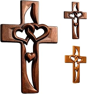 Hand-Carved Intertwined Hearts Wooden Cross, Handmade Wood with Intertwined Hearts, Vintage-Style Wooden Marriage Cross (A)