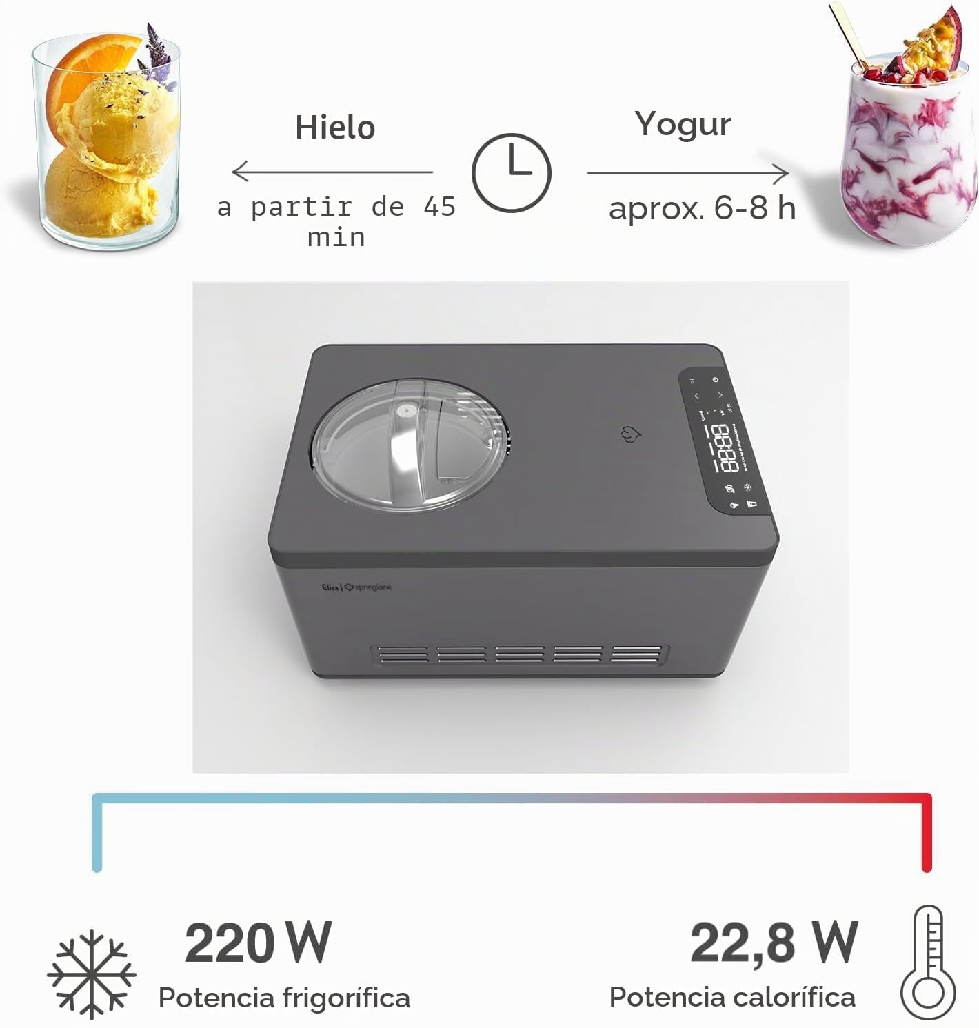 Springlane Elisa Máquina de helado y preparadora de yogur de 2,0 l, con compresor autoenfriante, 220 W, de acero inoxidable con función de refrigeración y calentamiento (Elisa antracita, máquina de