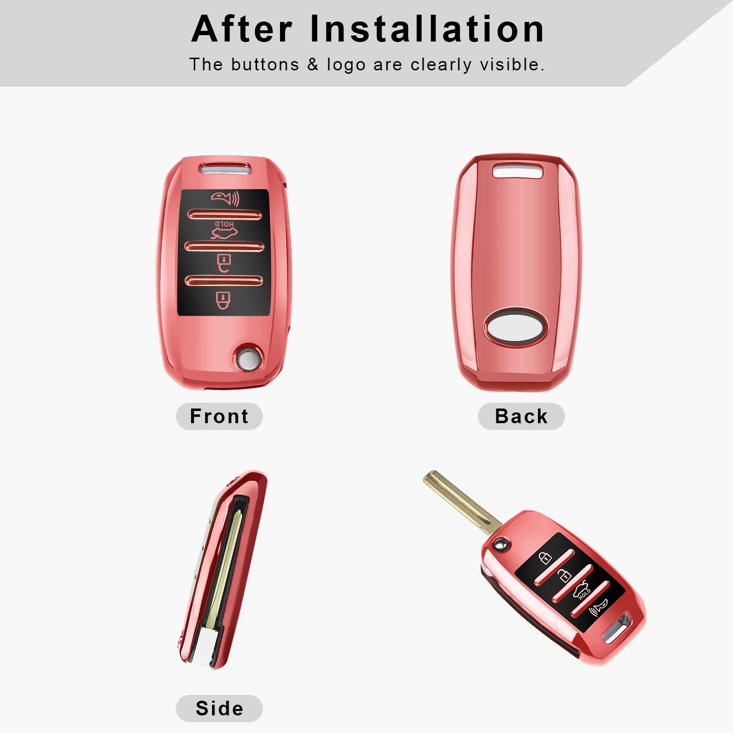 QBUC for KIA Key Fob Cover Case with Keychain for 2013 2014 2015 2016 2017 Kia Sorento Sedona Soul Rio etc (Flip/Folding Key)(Pink)