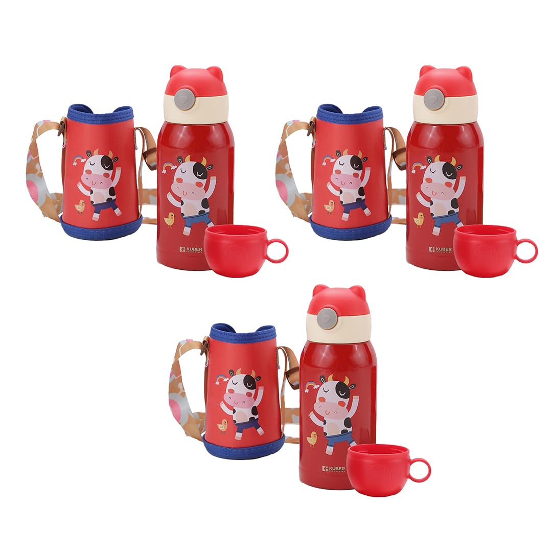 Kuber Industries Water Bottle for Kids | Mooh Design Stainless Steel Flask with Straw, Cup & Fabric Cover | Food Grade Plastic Lid | Broad Fabric Strap | Leak Proof, BPA Free | 500 ml (Pack of 3) (B0CVDSG841) Amazon Price History, Amazon Price Tracker