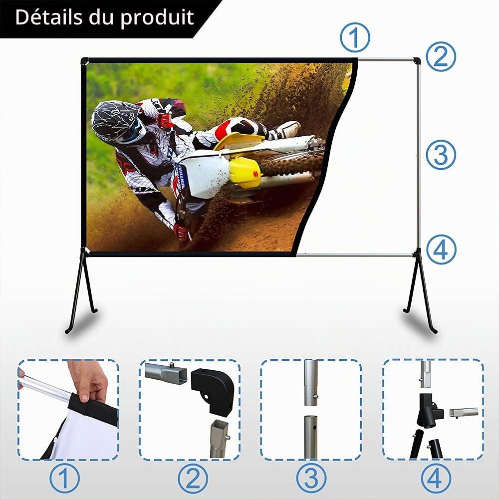 Écran de projection (150 pouces), projection toile avec support 16: 9 HD pliable intérieur/extérieur, écran de projection vidéo pour la maison, fête, bureau, salle de classe…