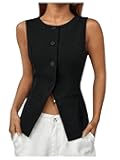 Women's Split Button Down Blazer Vest Crewneck Sleeveless Suit Vest Jackets